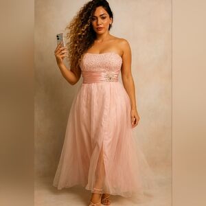 Blush Strapless Dress. Ruched Waist. Beading Detail. Size 12